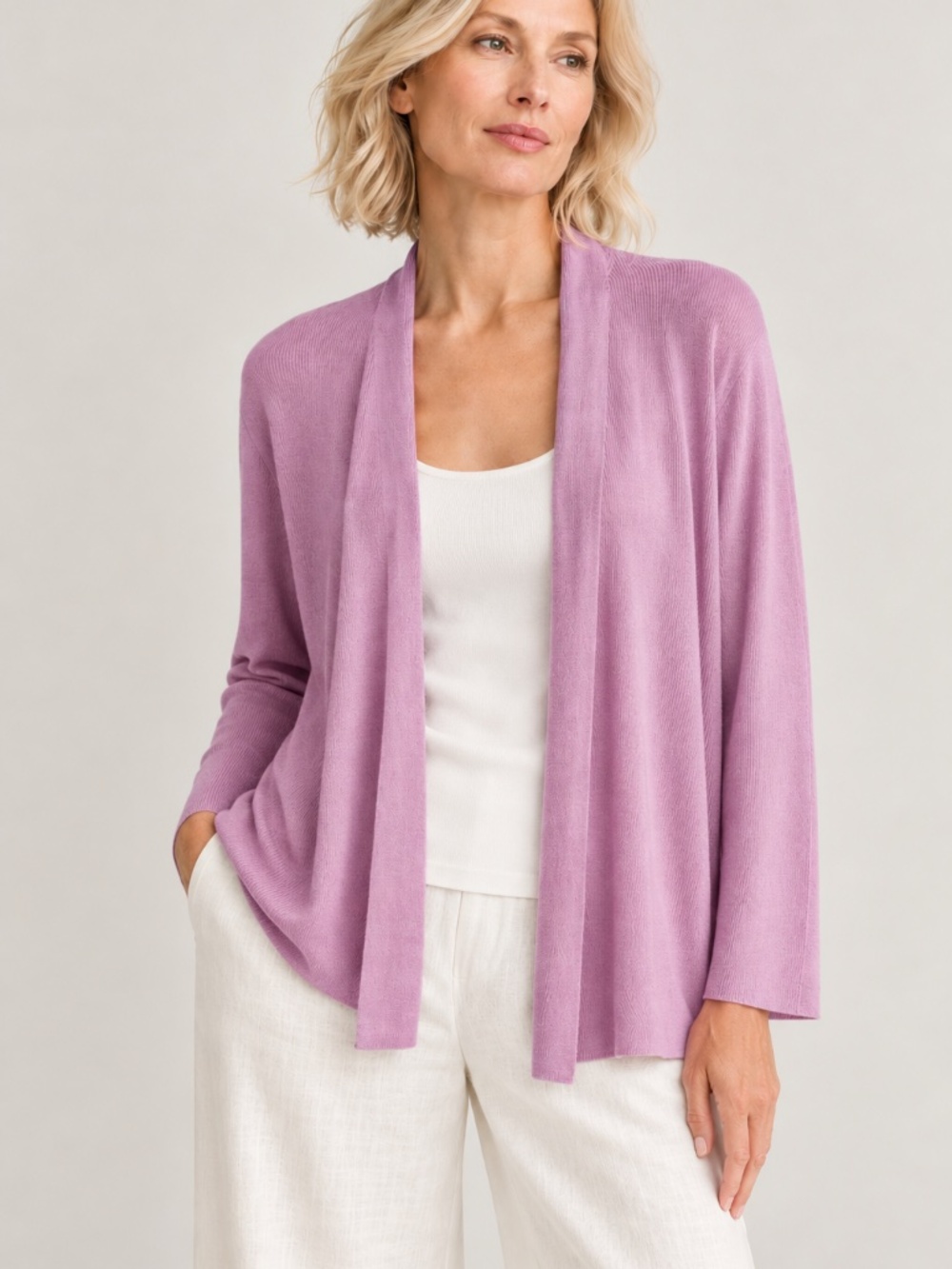 Eileen Fisher 100% linen Lavender Open Front Knit Cardigan Sweater Size L NWOT
